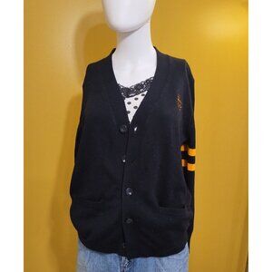 VTG 90s Elderado Black Varsity Button Up Knit Cardigan w Yellow Stripe S Preppy
